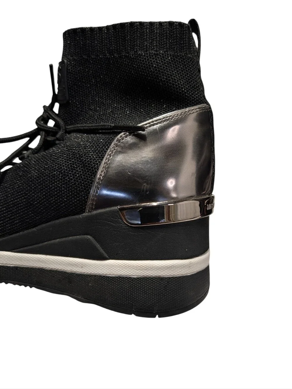 Michael Kors Women's Skyler Black Knit High Top Sock Sneakers Metallic Heel Sz 9